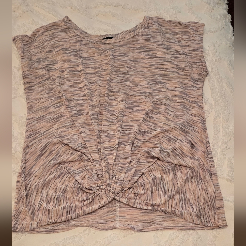 Bobeau Women's Knot Front Short Sleeve Top - Neutral Stripe, Size XL (316)